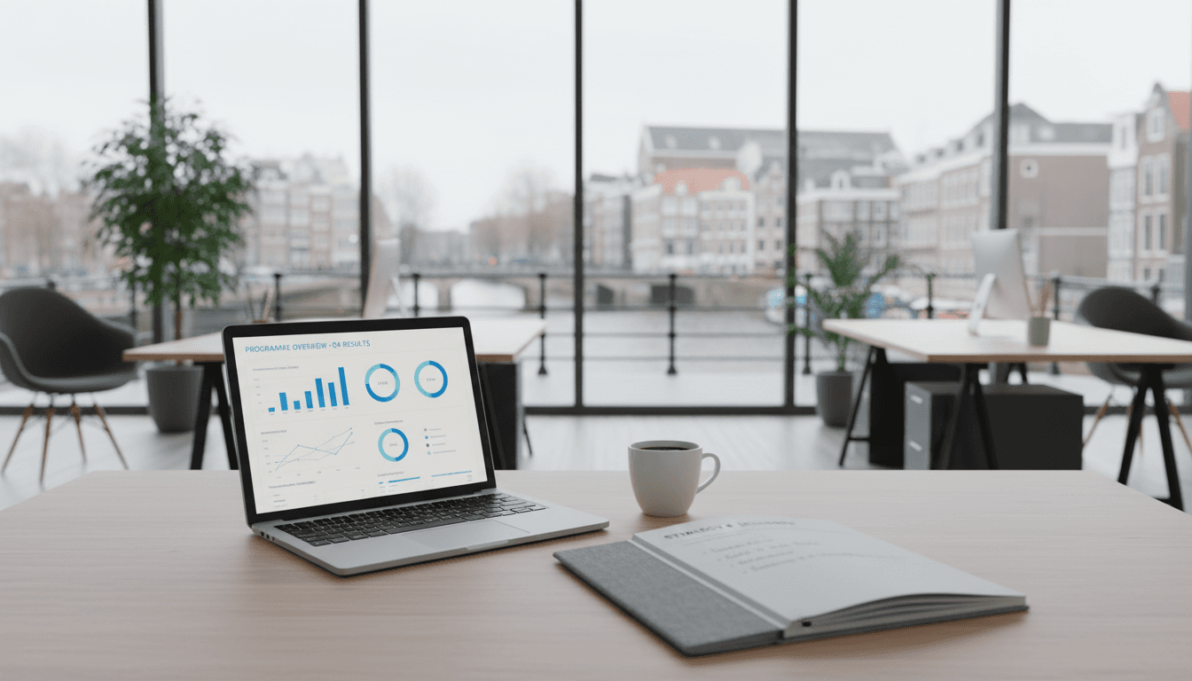 Ashita's workspace with laptop showing programme metrics and strategic planning materials in Amsterdam office