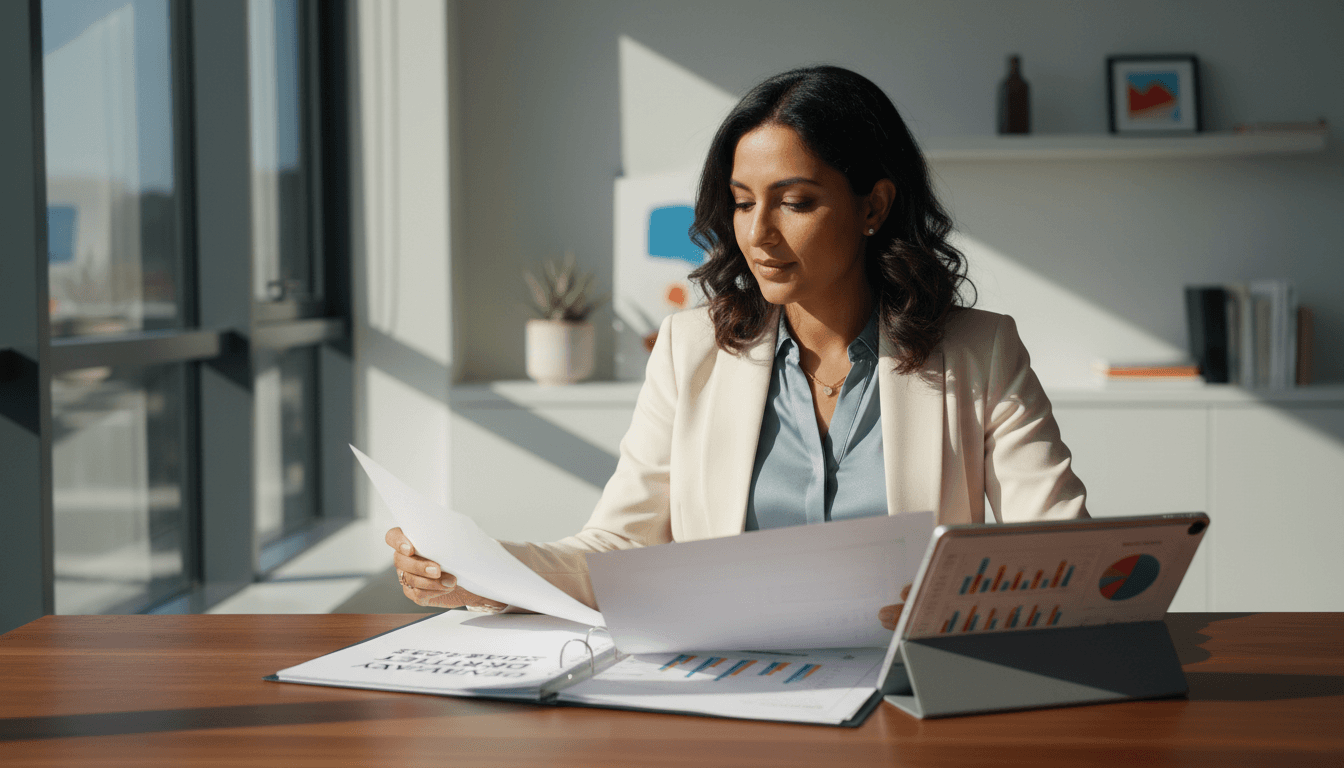 Senior programme leader reviewing delivery documentation in a bright Amsterdam office