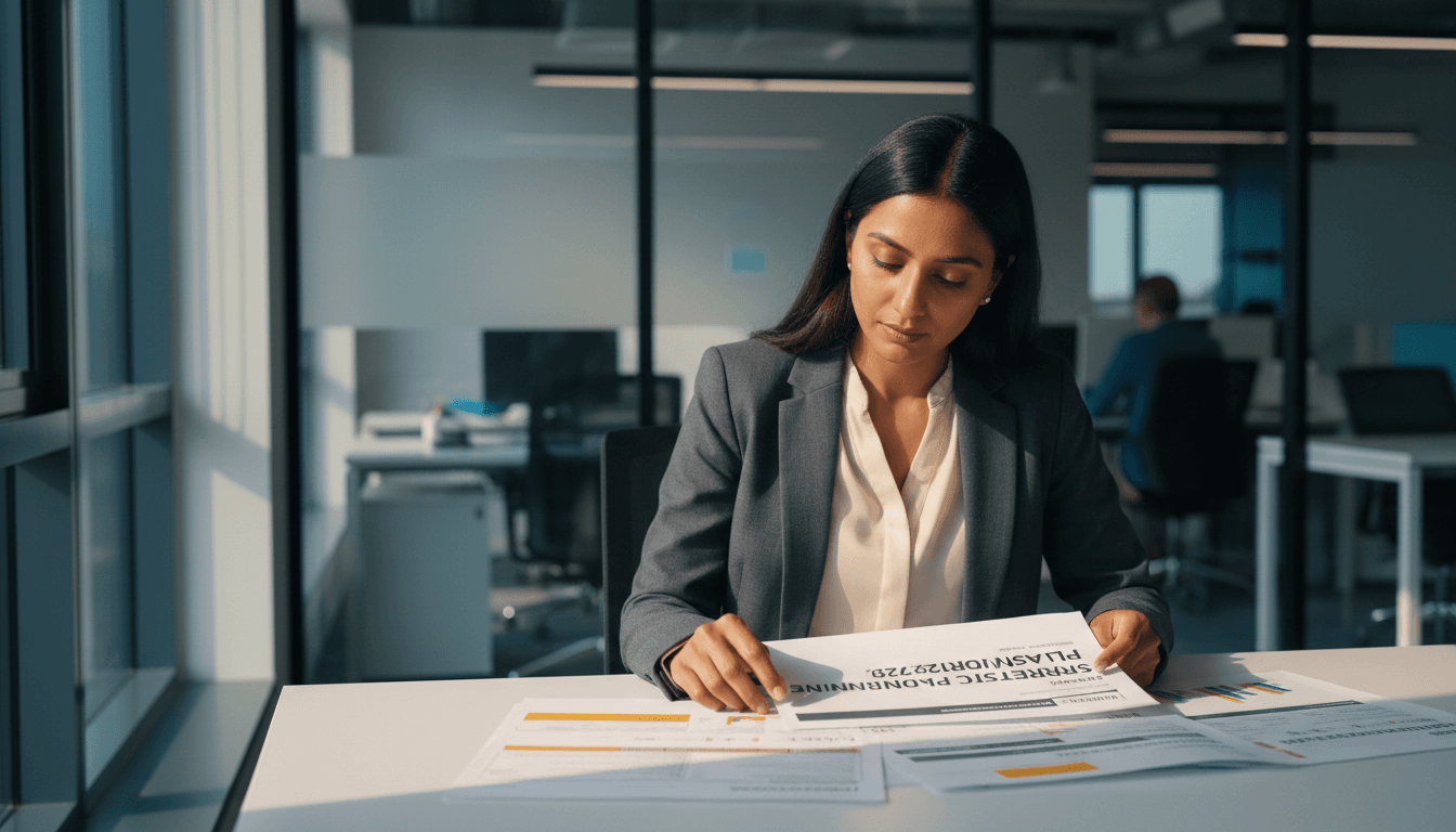 Ashita Sathyanarayan reviewing programme strategy documents at her desk
